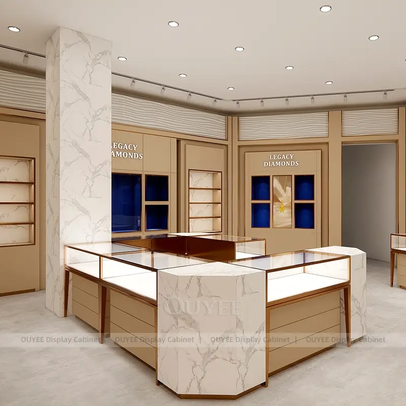 Luxury Marble Jewelry Display Counters with Central Island Showcase for Diamond Stores 1