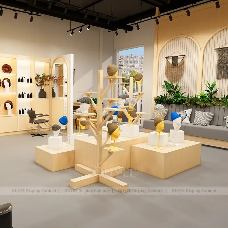 Premium Hat and Wig Boutique Display Fixtures with Wooden Feature Stands 1