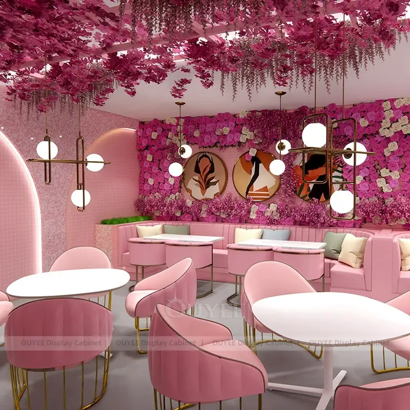 Pink Coffee Lounge with Floral Ceiling and Booth Seating 1