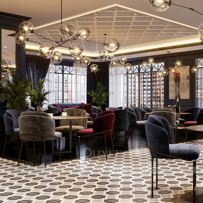 Luxury Coffee Shop Interior with Blue Counter and Decorative Lounge Lighting 1