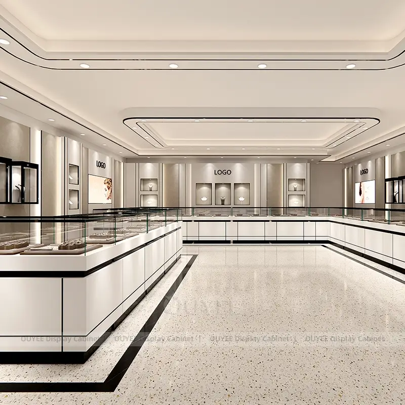 Luxury Jewelry Store Wall Display Showcases with Glass Counters and Modular Retail Layout 1