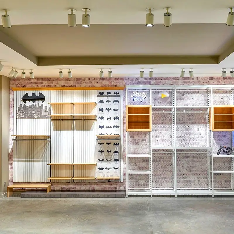 White Mesh Wall Clothing Display Fixture with Wooden Shelves 1