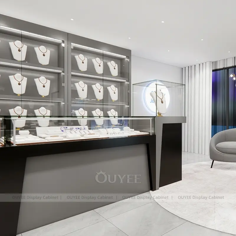 Modern Jewelry Store Wall Display Cabinets with Glass Showcases and Digital Screen Display 1