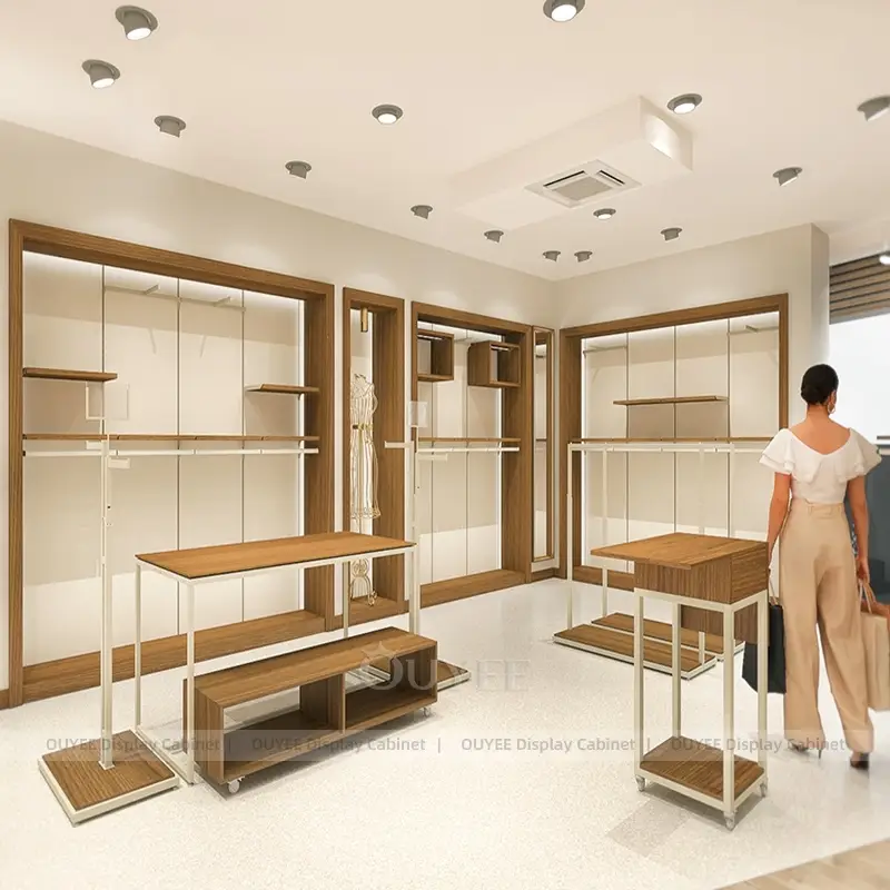 Light Luxury Boutique Clothing Display Fixtures with Wood and White Metal Finish 1