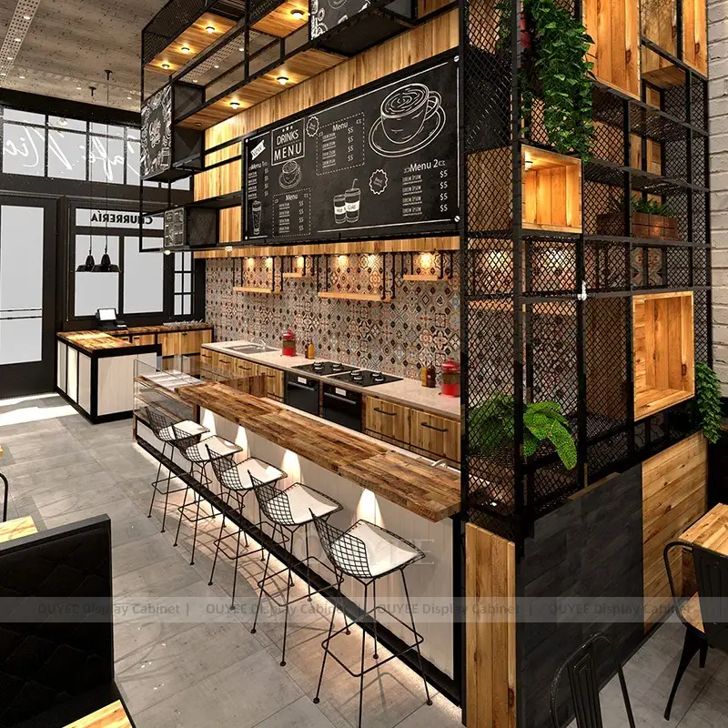 Compact Coffee Kiosk with Wood Finishes and Open Shelf Structure 1