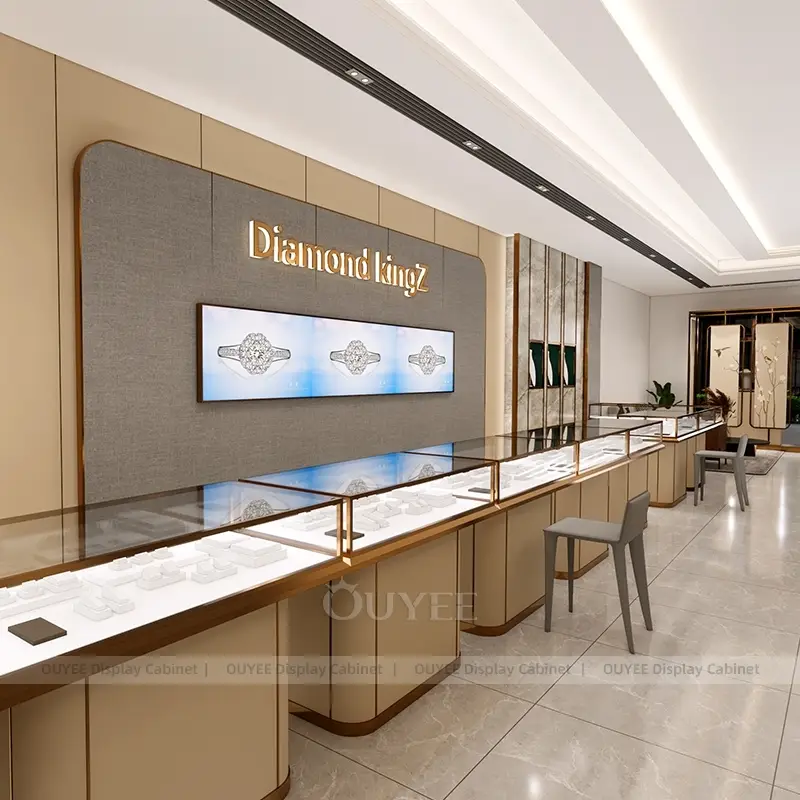 Luxury Jewelry Store Wall Display Counters with Glass Showcases and Brand Feature Wall 1