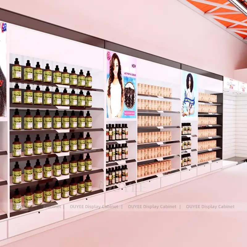 Wall-Mounted Beauty Product Display Shelving with Storage Drawers 1
