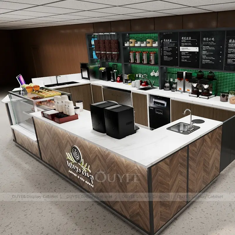 U-Shaped Coffee Kiosk with Marble Top and Green Tile Back Bar 1