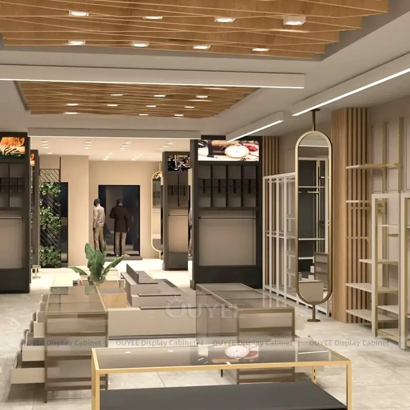 Luxury Clothing Store Display System with Glass Tables and Wall Fixtures 1