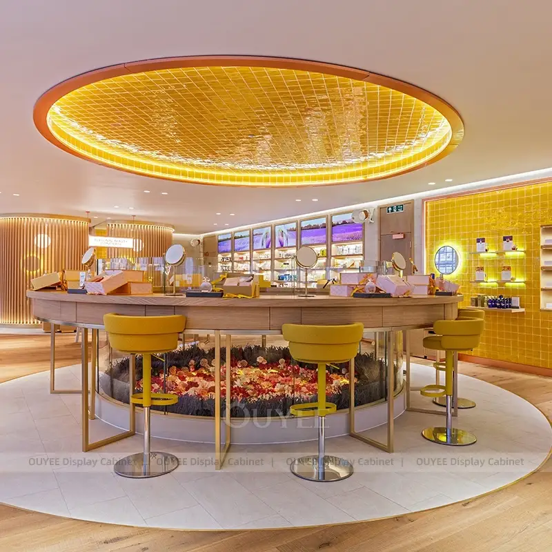 Premium Beauty Store Display Fixtures with Reception Counter and Wooden Shelving 1