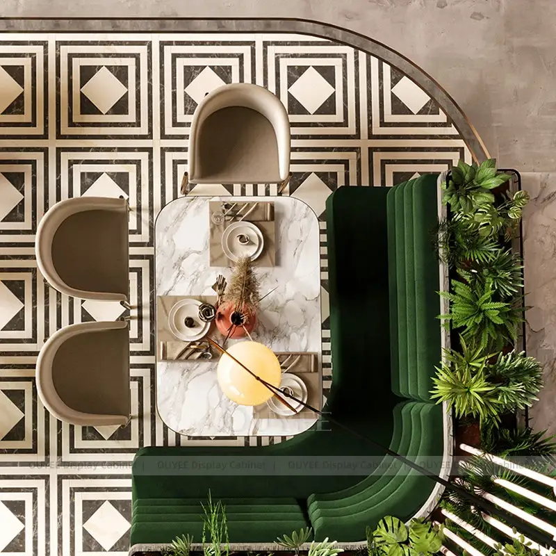 Modern Coffee Shop Booth Seating with Green Upholstery and Marble Table 1