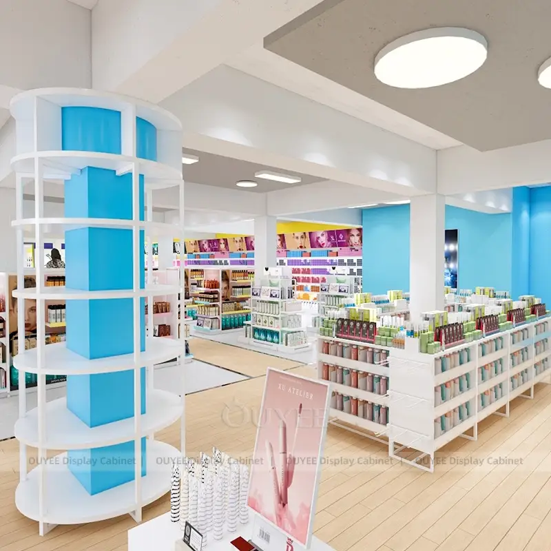 Open Beauty Store Shelving System with White Gondola Display Units 1