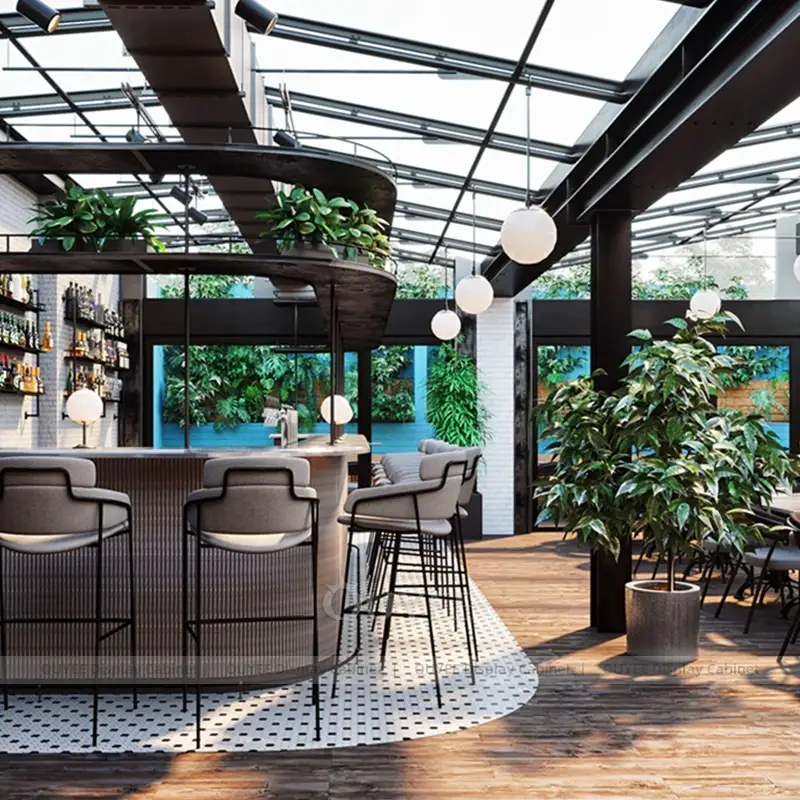 Modern Coffee Bar with Bar Seating and Open Back Shelving 1