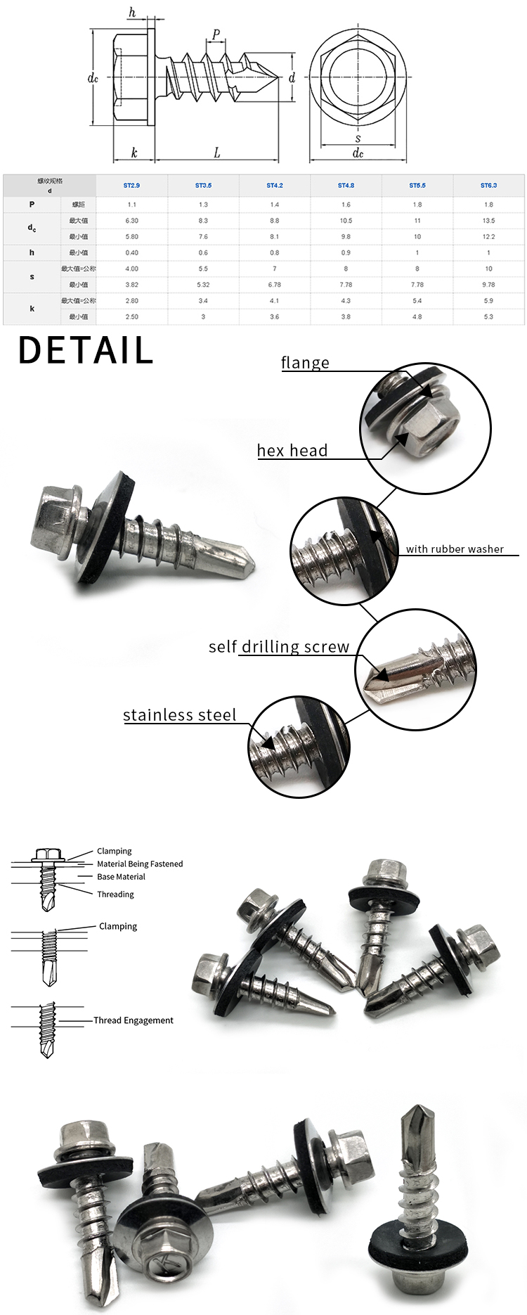 Wholesale din7504 stainless steel hexagon building tek roofing screws galvanized rubber washer hex self tapping drilling screw