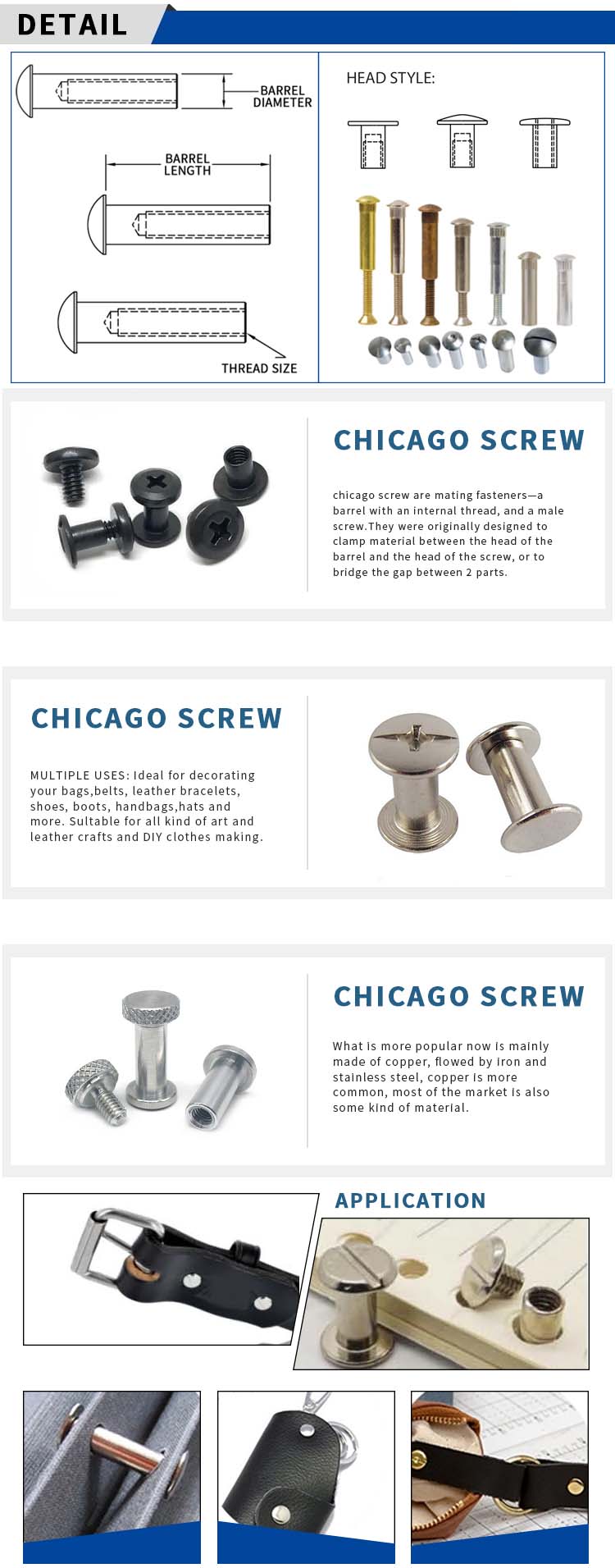 Factory price custom make binding stainless steel chicago screws male female