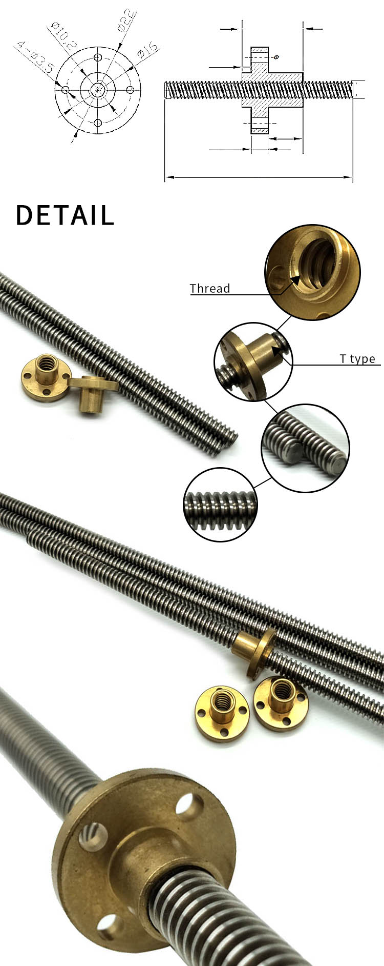 Chuanghe - t10 lead screw c3 T5 T6 T8 T10 T12 stainless steel Trapezoidal screw lead screw 1200mm with brass nut ball lead screw 10