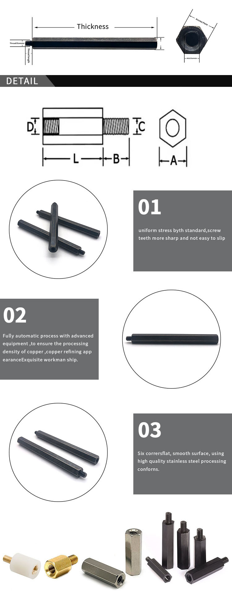 Chuanghe - Male to Female black oxide threaded Hex Spacer Carbon steel Hex Standoff standoff screw 8