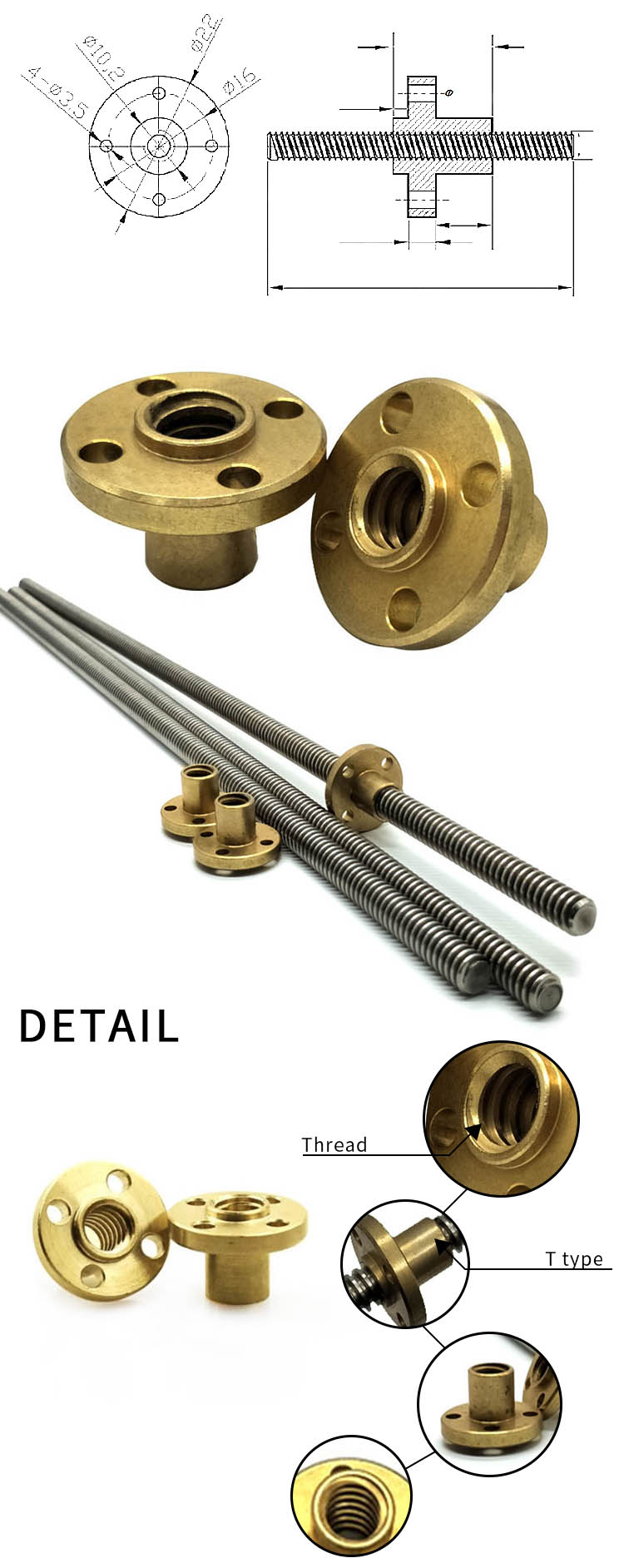 Chuanghe - 12mm 14mm 16mm 20mm Nut Trapezoidal Lead Screw T10 Lead Screw Brass for 3d Printer Lead Screw ball lead screw 9