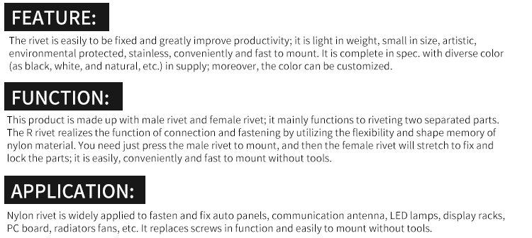 China Hot selling white/black color round nylon material snap rivet plastic push rivet
