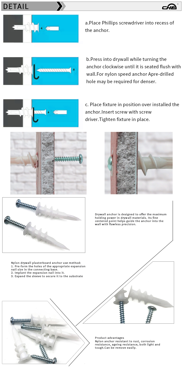 Chuanghe - Wholesale 5mm 6mm 8mm insulation expansion anchor fixing furniture Screws fasteners nylon plastic drywall wall plugs anchor Wall Plug 9