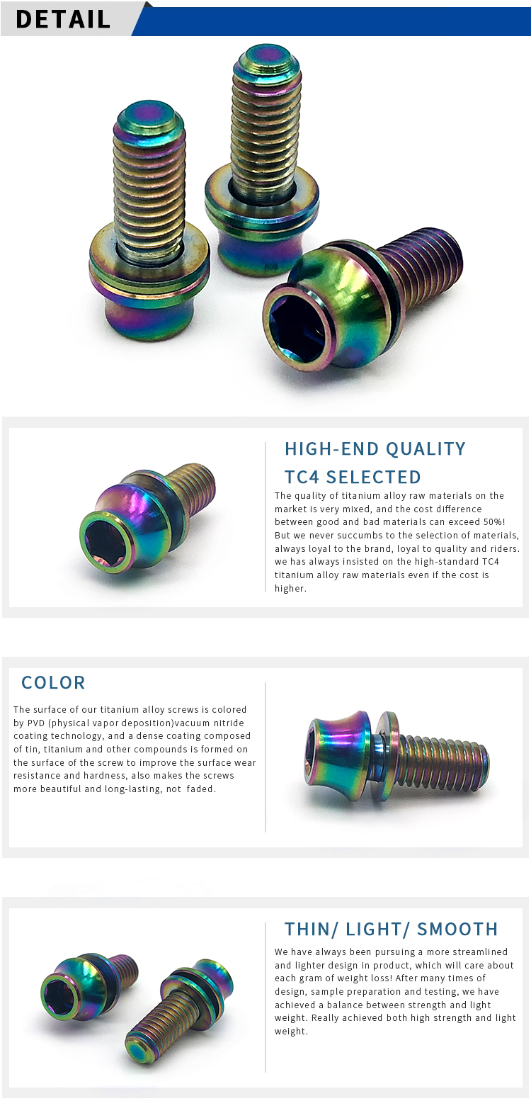 China supplier m6 m8 Ti Bolt bicycle hex socket tapered head cap Gr5 titanium bolt screw