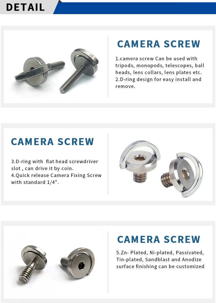 Chuanghe - China wholesale precision Stainless Steel Slotted Captive Camera Mount Screws 3/8-16 1/4 digital camera screw Camera screw 10