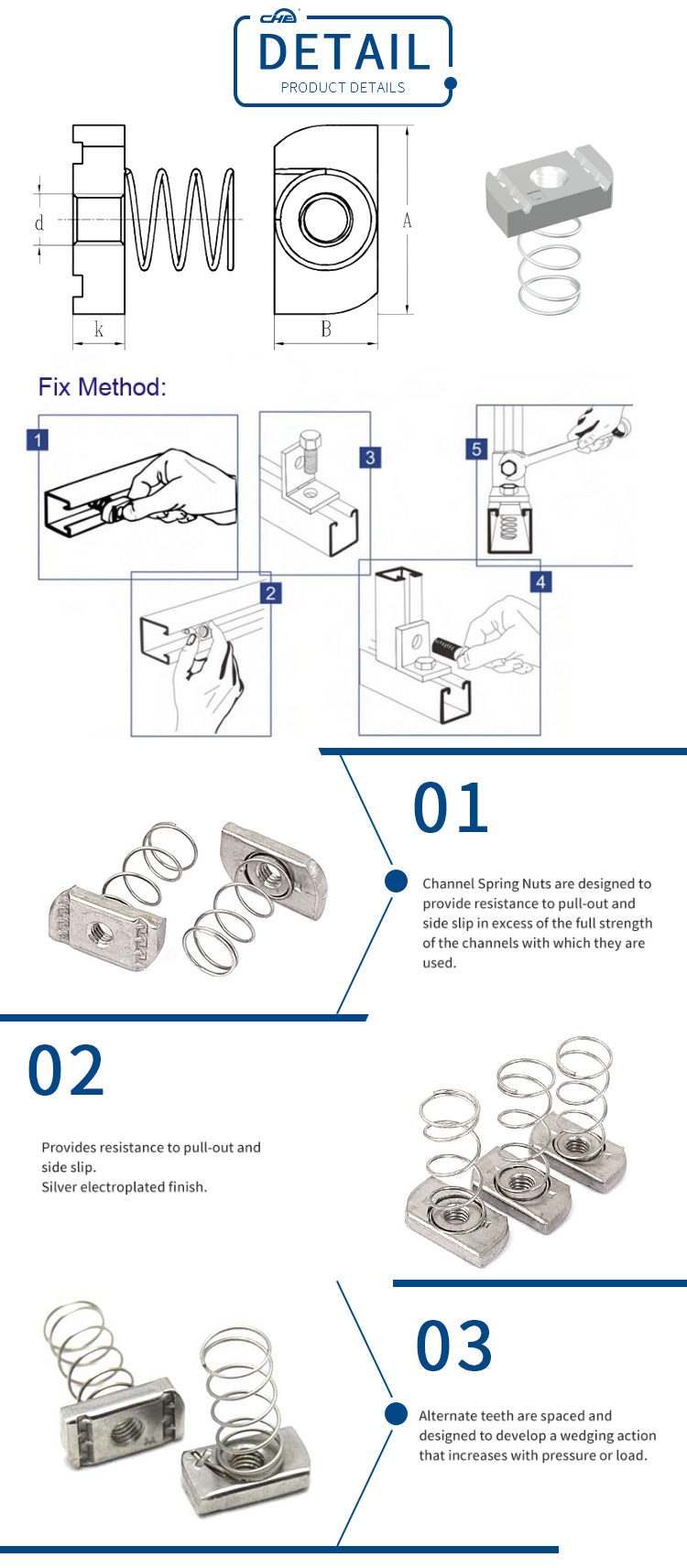 Chuanghe - Factory Non Standard stainless steel Long 6mm 8mm m5 10/24 1/4-20 t Spring Slot lock nut for Tube Fixing spring nut 9