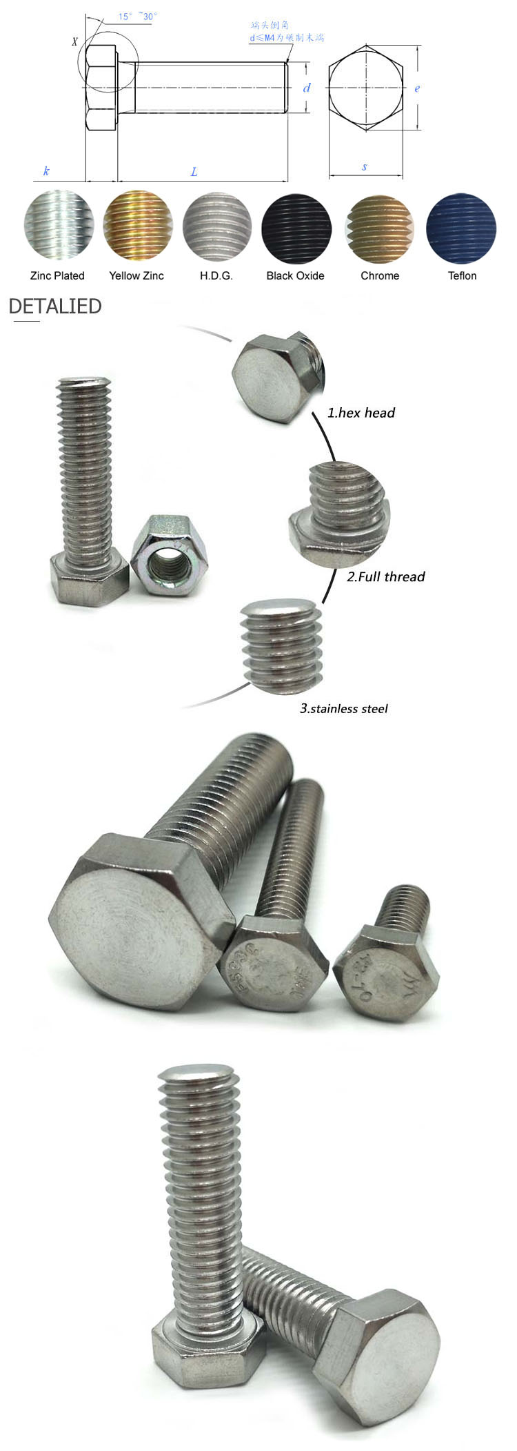 China Wholesale price different types full thread stainless steel m6 m8 m10 m12 m17 m30 hexagon head bolt and nut outer hex bolt