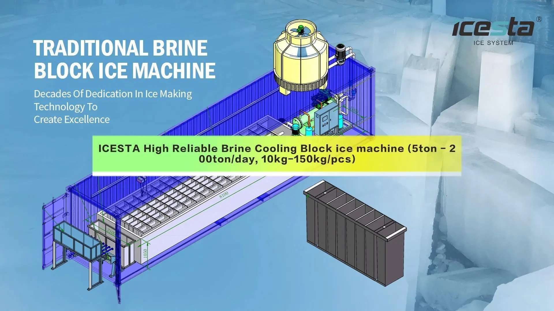 Brine Cooling Block ice machine with 5 ton - 200 ton/day,ice size from 10kg to 150kg per piece for ice factory 1