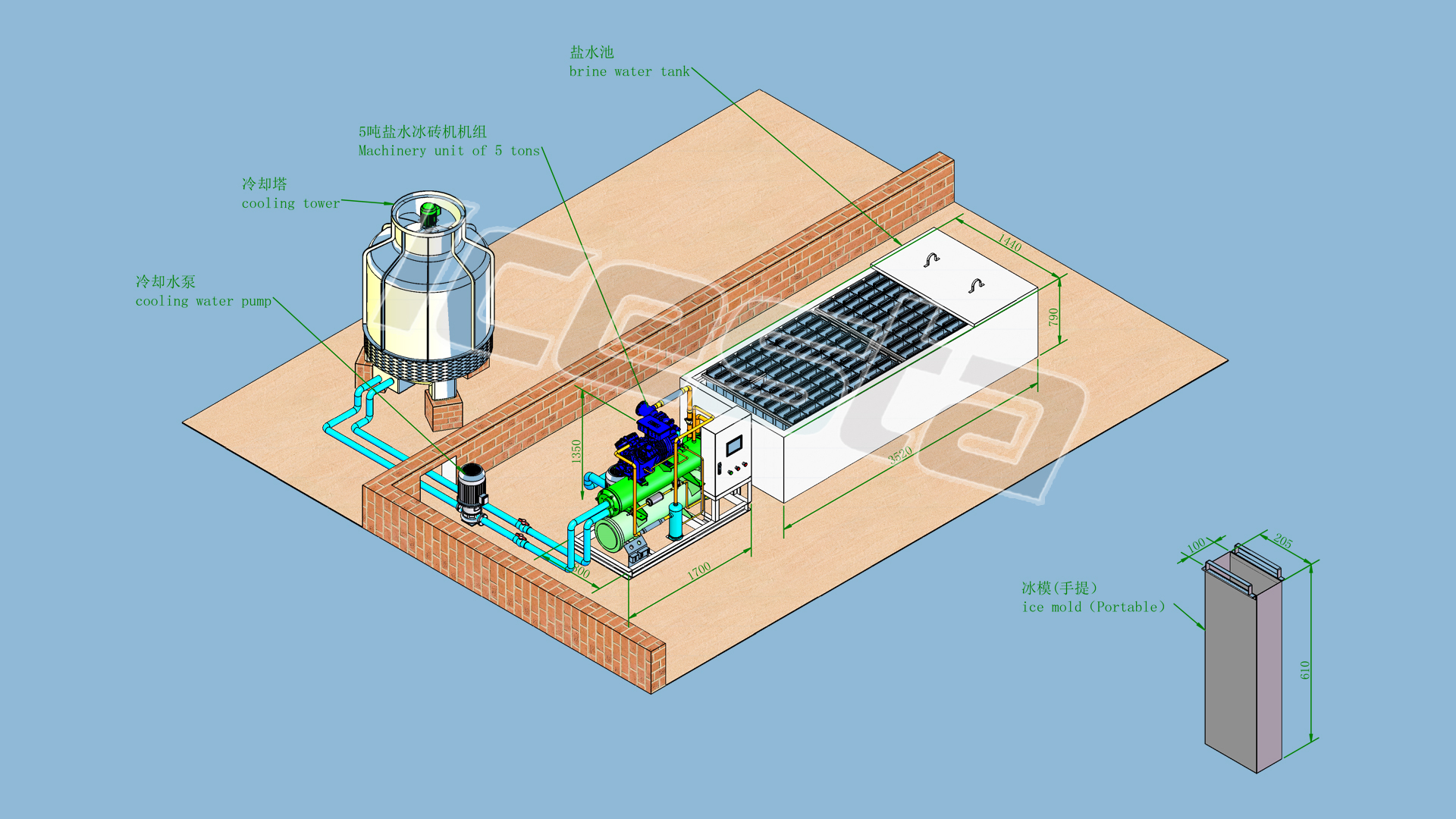 Brine Cooling Block ice machine with 5 ton - 200 ton/day,ice size from 10kg to 150kg per piece for ice factory 13