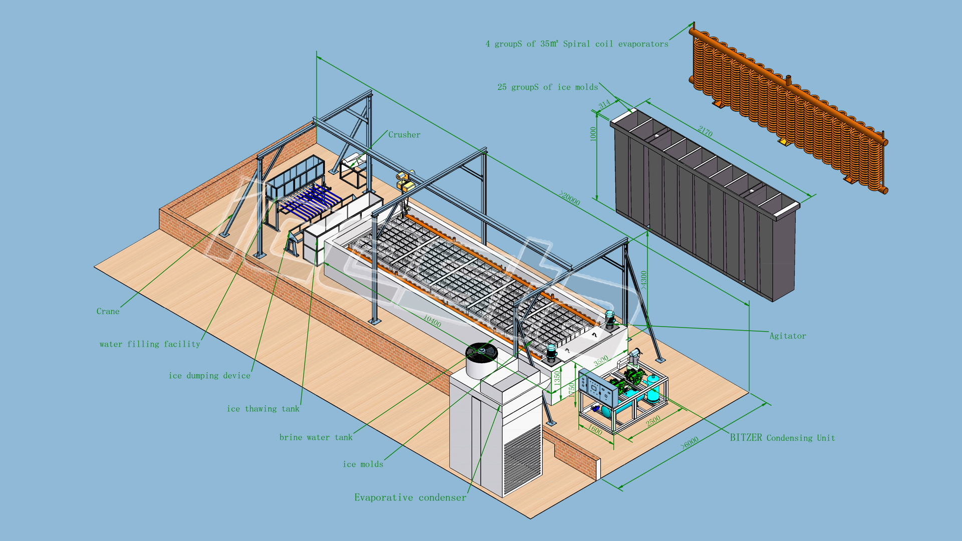 Brine Cooling Block ice machine with 5 ton - 200 ton/day,ice size from 10kg to 150kg per piece for ice factory 15