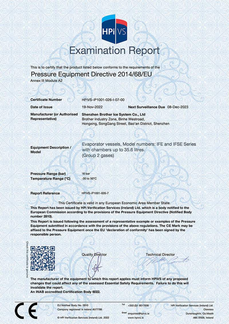 Flake ice evaporator PED certificate from ICESTA 1