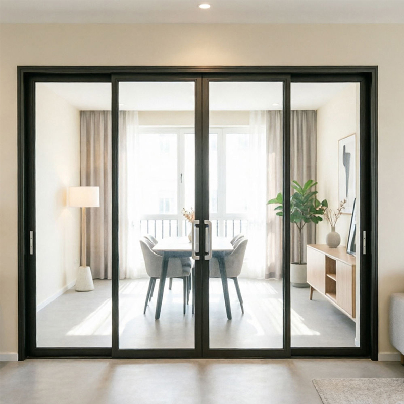 Puerta corredera de aluminio con marco delgado y tiradores. 2