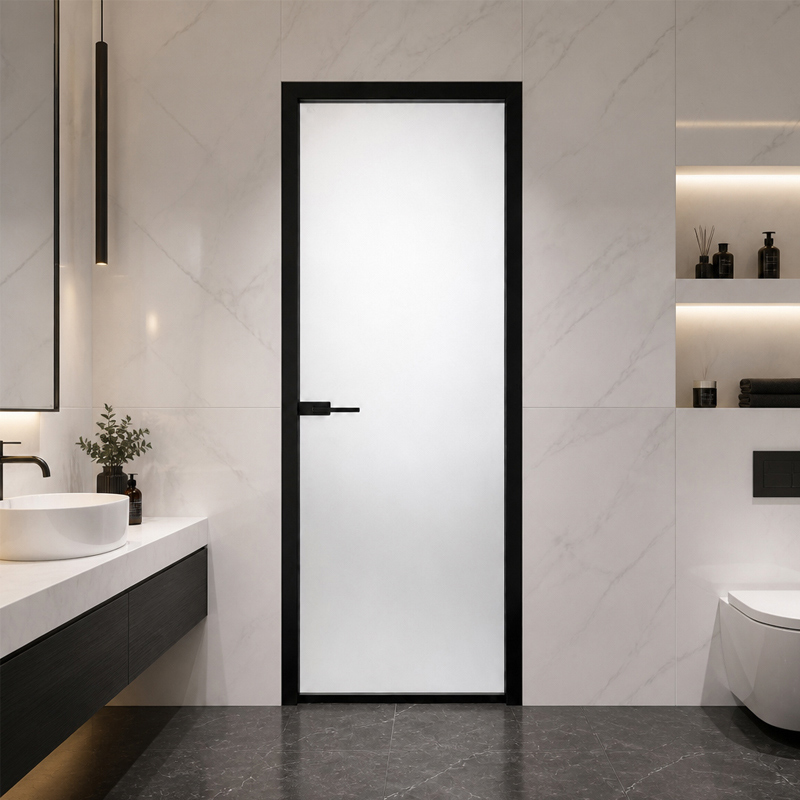 Puerta batiente de aluminio y cristal con marco delgado 1