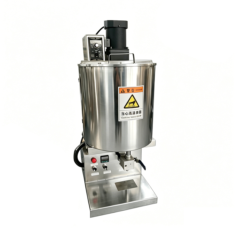 Front view of tabletop lip balm filling machine with mixing tank 3