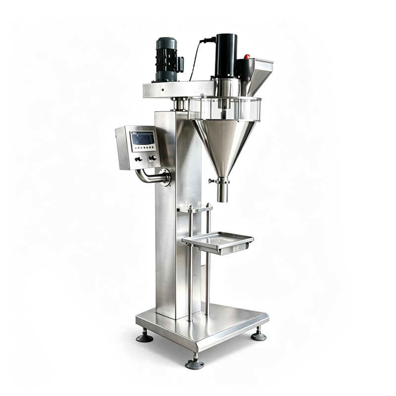 Semi-automatic loose powder filling machine with stainless steel hopper, control panel, and filling platform