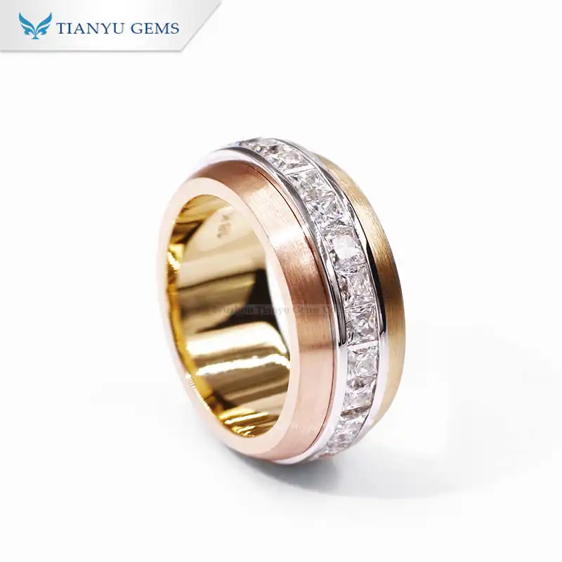 Tianyu Gems Customized 14K/18K Real Solid Yellow Gold Princess Cut White Moissanite Whirling Style Ring For Men 1