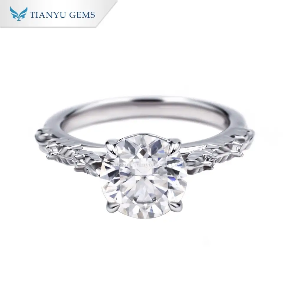 Tianyu Gems Round Cut Engagement Ring 14k White Gold Moissanite Diamond Leaf Ring 1