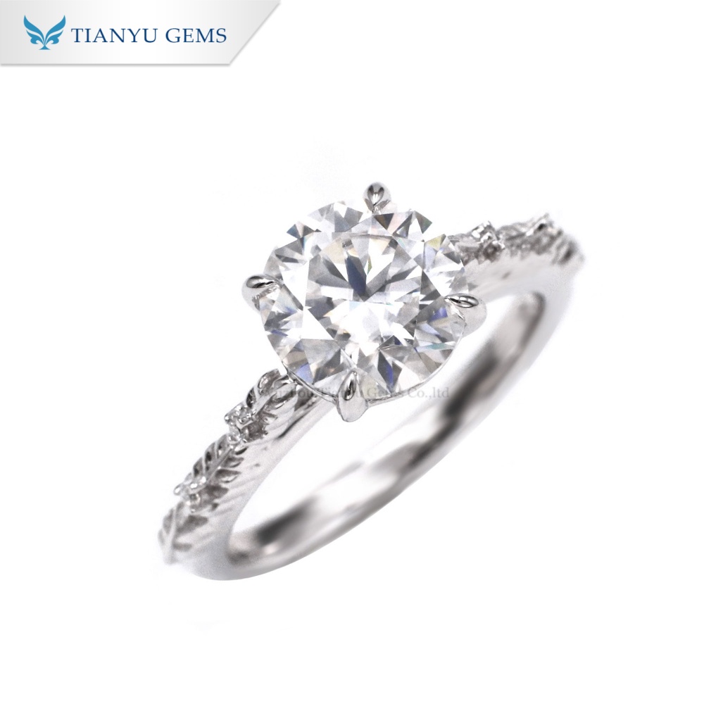 Tianyu Gems Round Cut Engagement Ring 14k White Gold Moissanite Diamond Leaf Ring 6