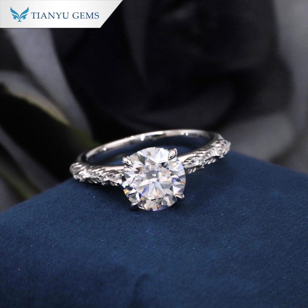 Tianyu Gems Round Cut Engagement Ring 14k White Gold Moissanite Diamond Leaf Ring 2
