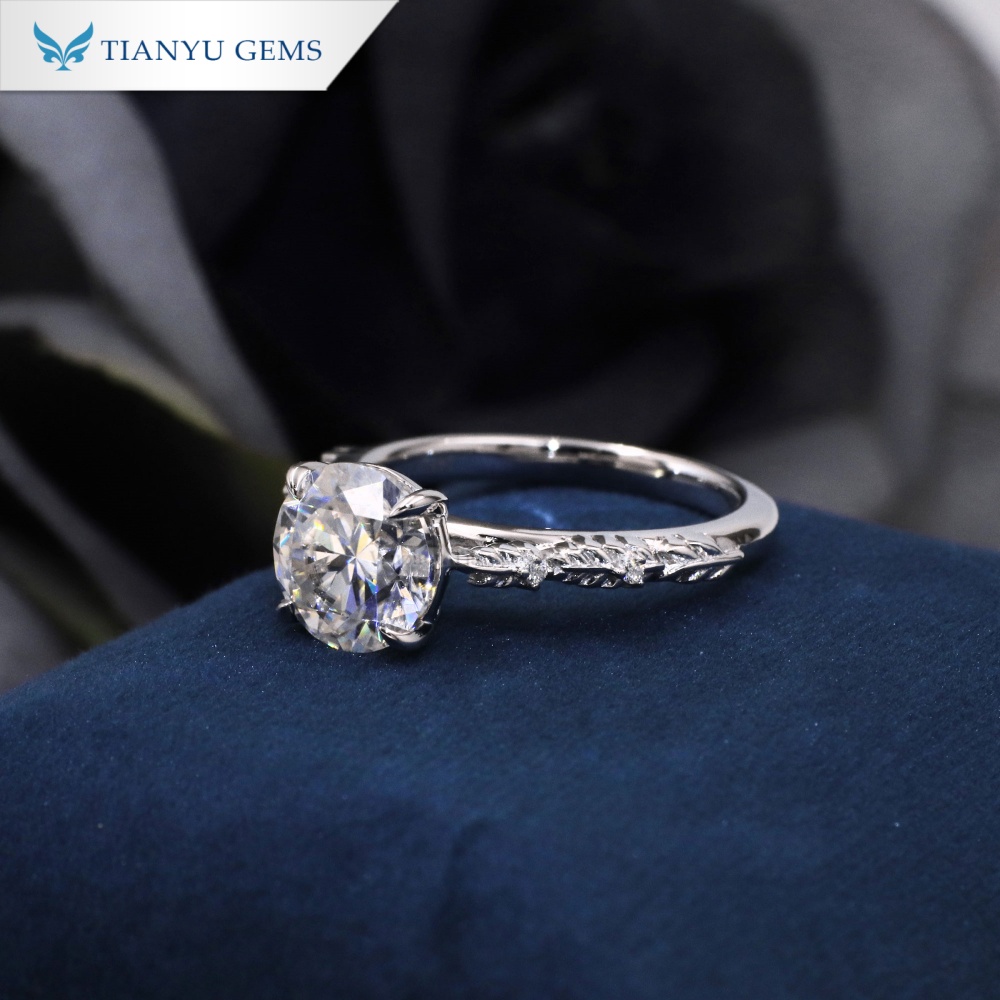 Tianyu Gems Round Cut Engagement Ring 14k White Gold Moissanite Diamond Leaf Ring 3