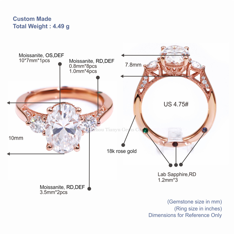 Tianyu Gems Three-stone Moissanite Diamond Engagement Ring 18k Rose Gold Ring For Woman 5