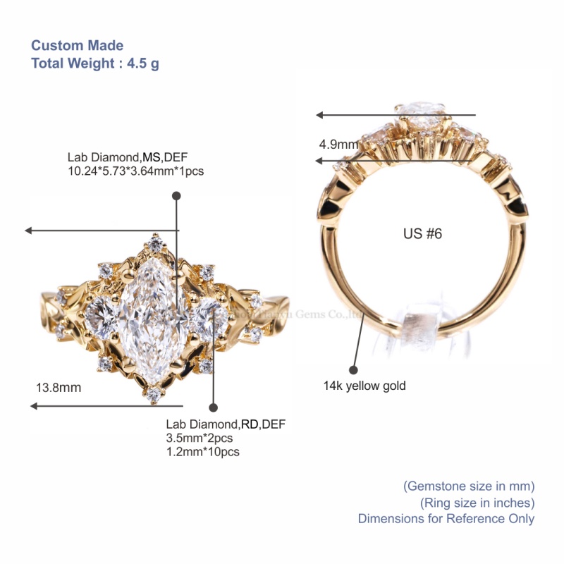 Tianyu Gems Marquise Cut Lab Grown Diamond Ring 14k Yellow Gold Engagement Ring 5