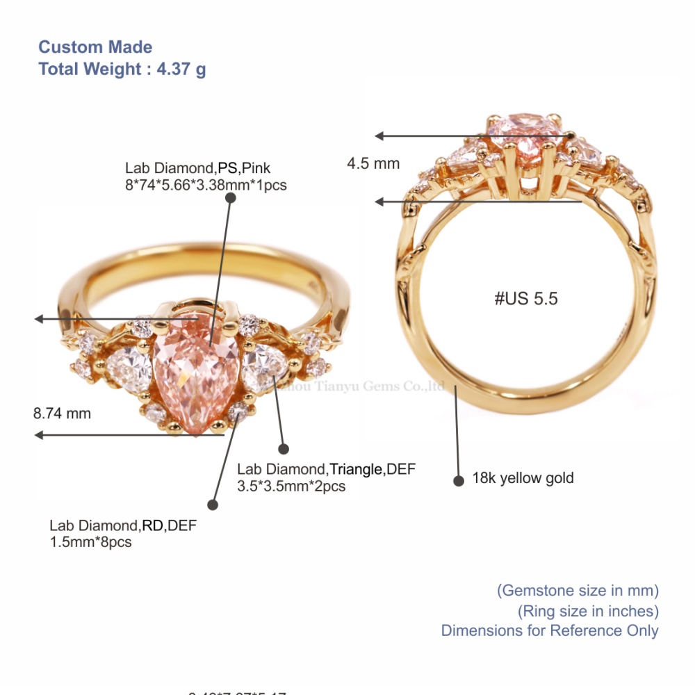 Anillo de compromiso Tianyu Gems de oro amarillo de 18k con diamante rosa cultivado en laboratorio en forma de pera para mujer. 5
