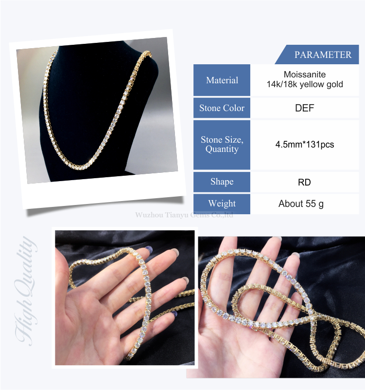 Tianyu customized 14k/18k yellow gold necklace 4.5mm round heart&arrow cut colorless moissanite necklace