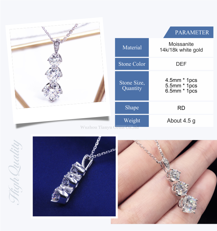 Tianyu gems 14k 18k white gold 3 pieces moissanite diamond chain necklace pendant 8