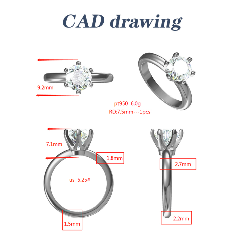 Pt950 White Moissanite Six Prong Diamond Ring 6