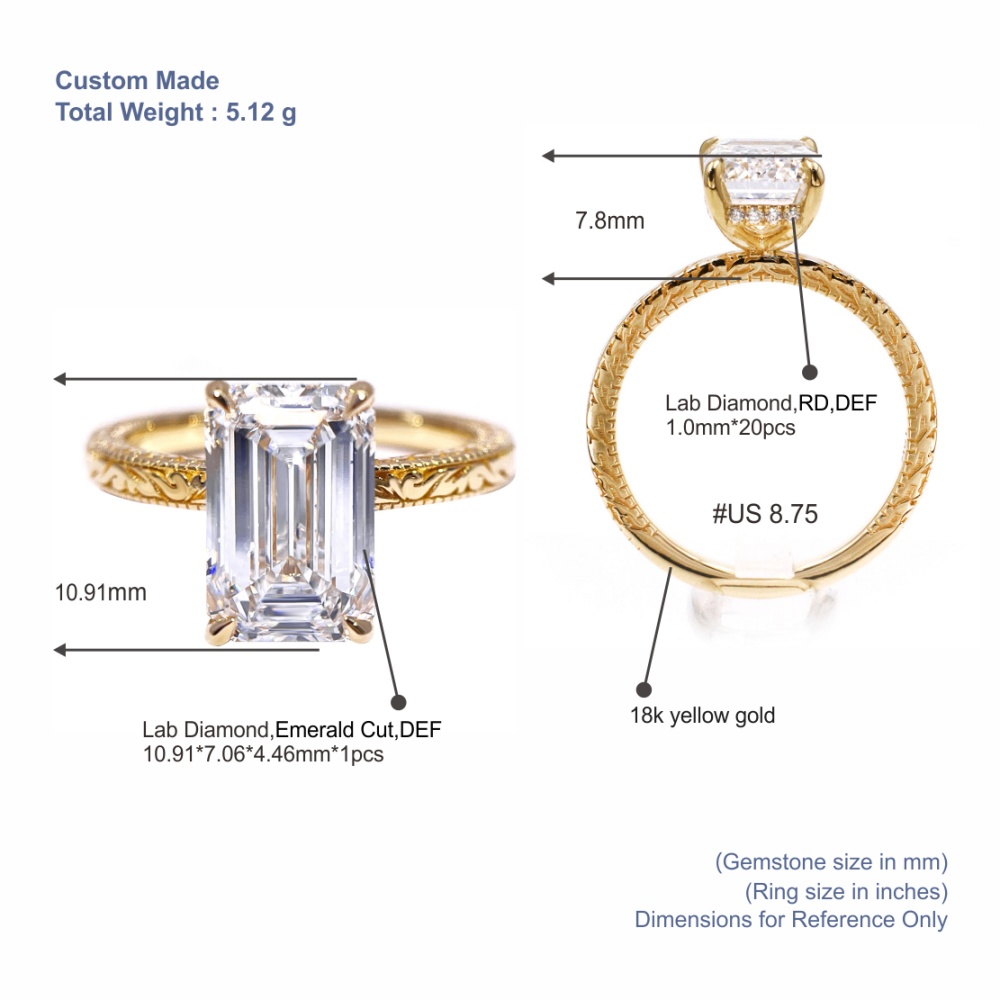 Tianyu Gems Lab Grown Diamond Engagement Ring  Emerald Cut Patterned Gold Wedding Ring 5