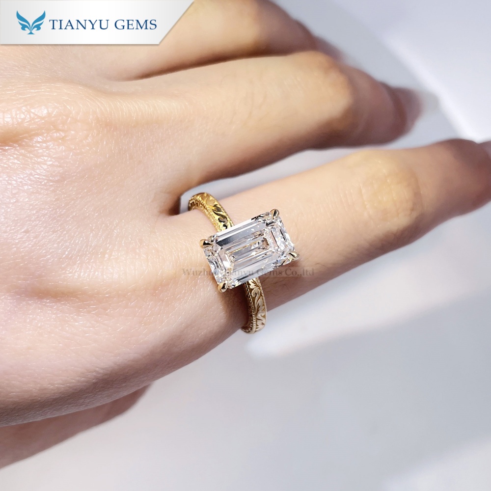 Tianyu Gems Lab Grown Diamond Engagement Ring  Emerald Cut Patterned Gold Wedding Ring 4