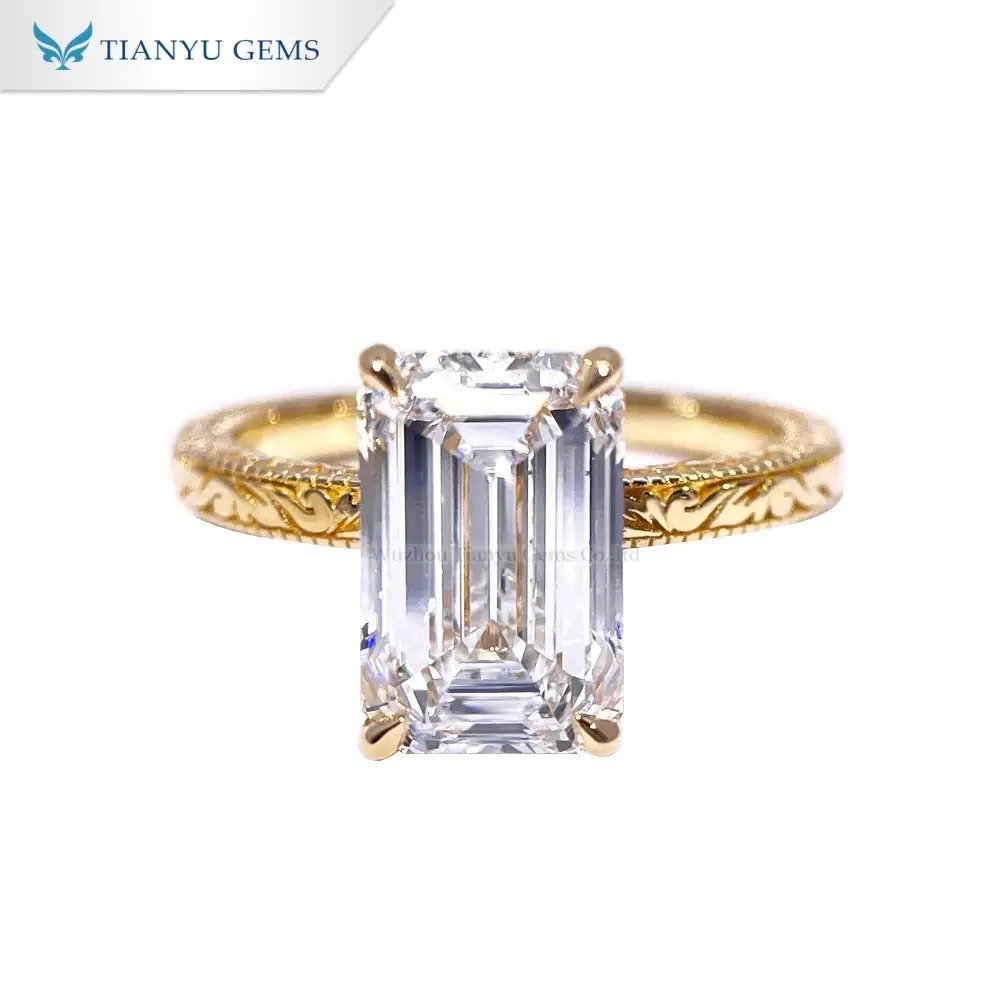 Tianyu Gems Lab Grown Diamond Engagement Ring  Emerald Cut Patterned Gold Wedding Ring 1